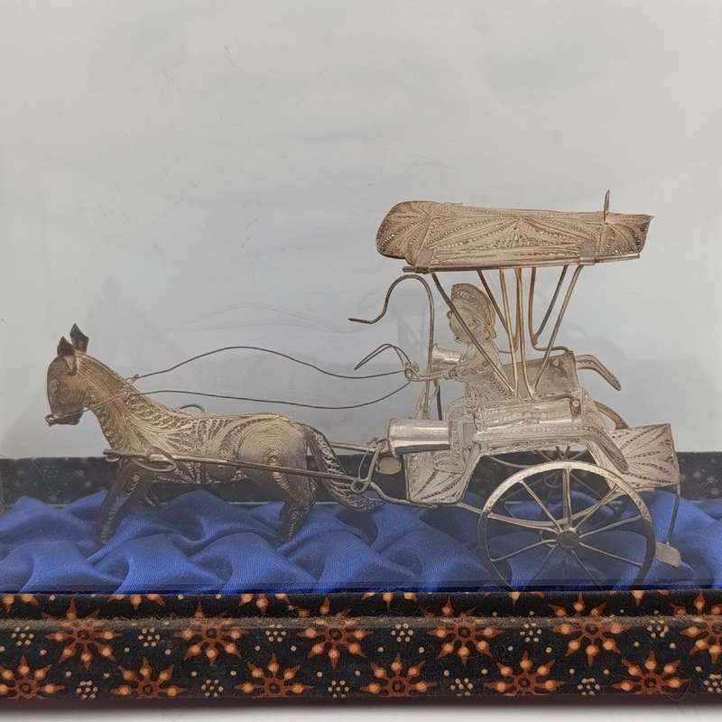 Antique Chinese Silver Filigree horse cart figurine in glass case