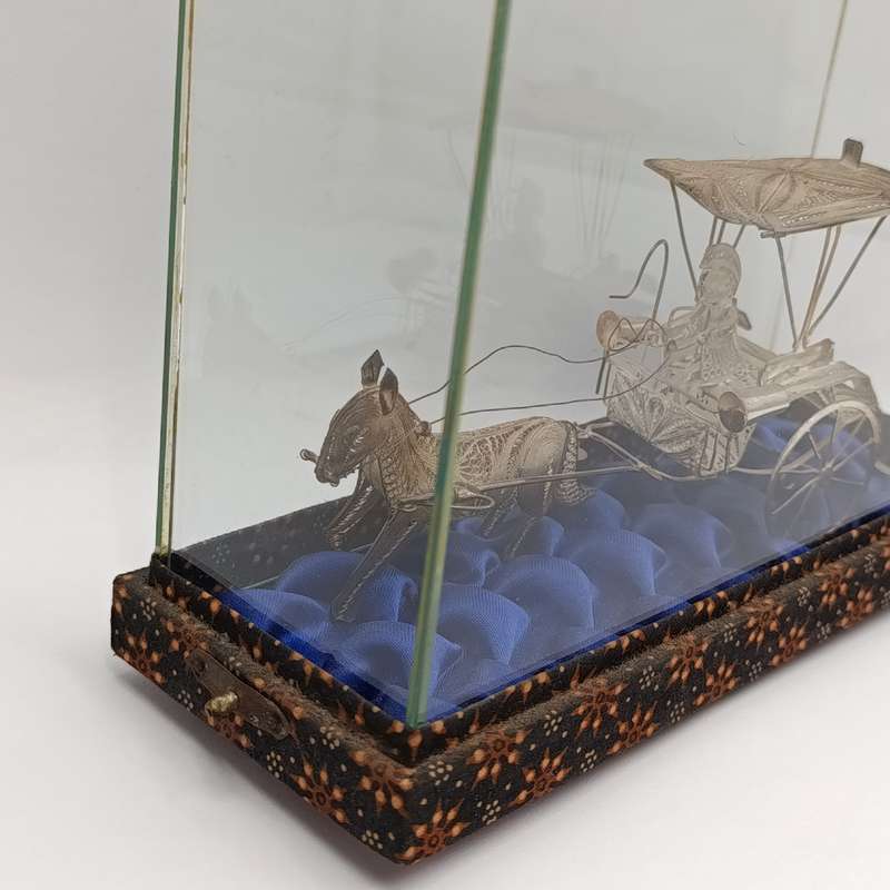 Antique Chinese Silver Filigree horse cart figurine in glass case
