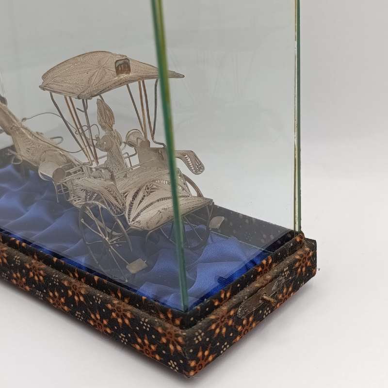 Antique Chinese Silver Filigree horse cart figurine in glass case