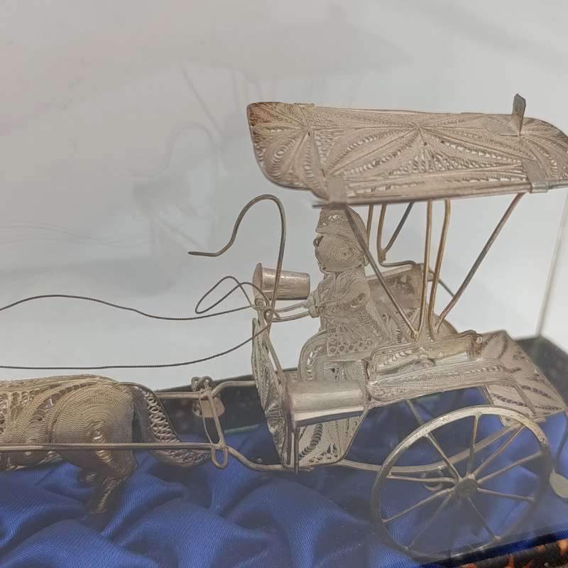 Antique Chinese Silver Filigree horse cart figurine in glass case