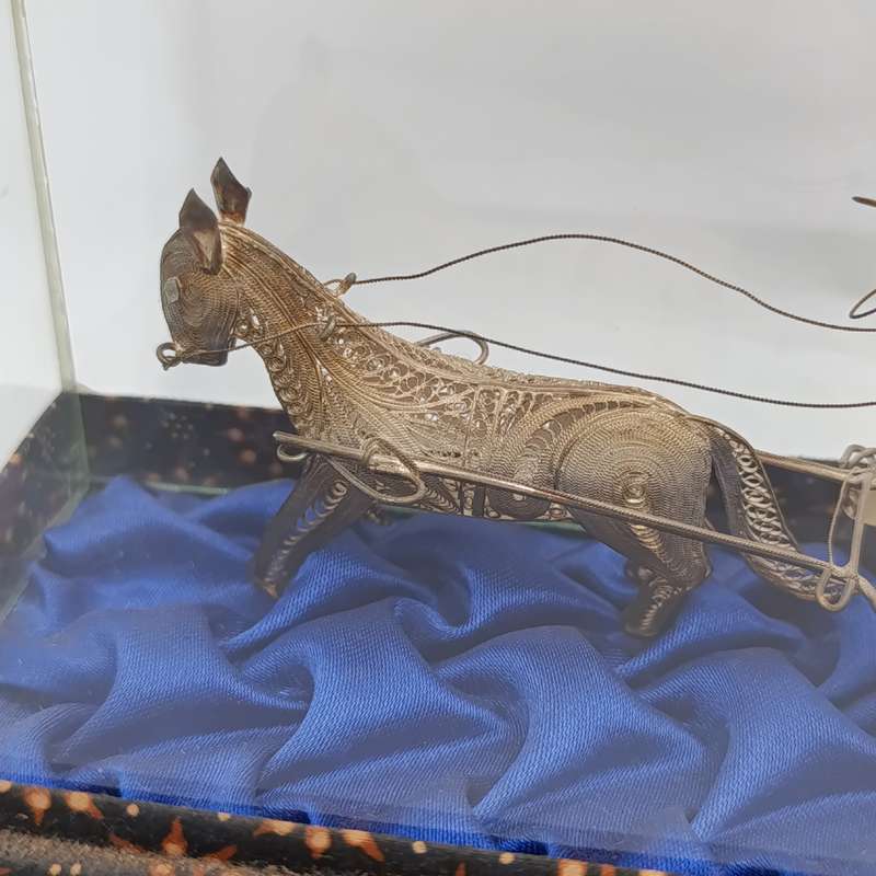 Antique Chinese Silver Filigree horse cart figurine in glass case