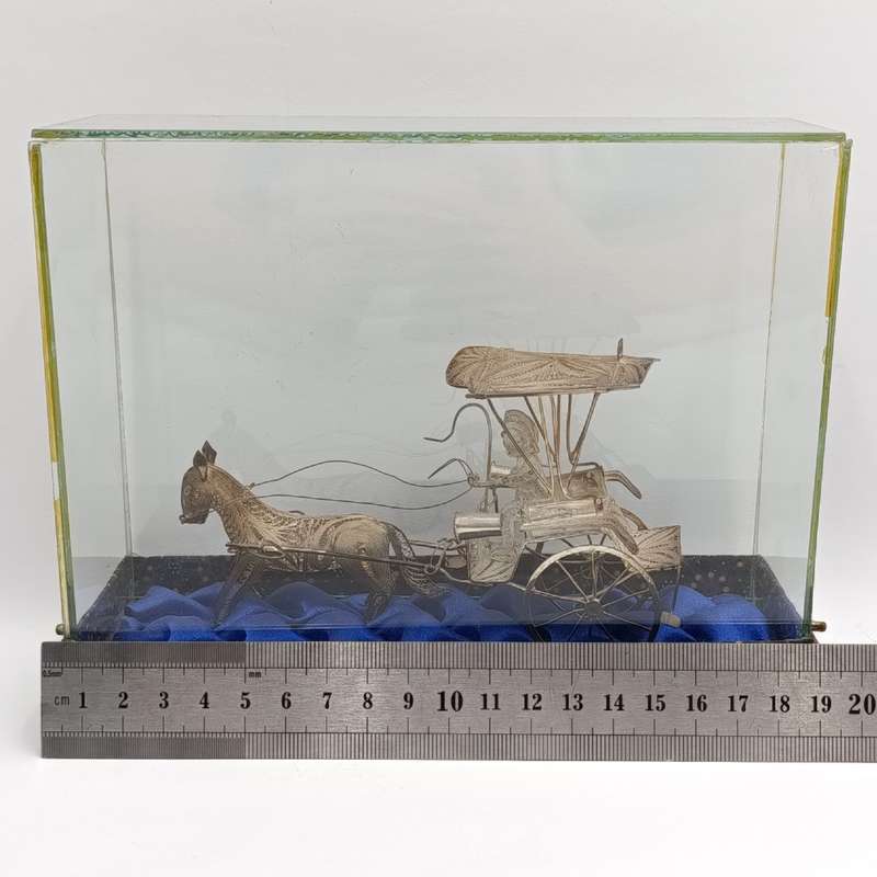 Antique Chinese Silver Filigree horse cart figurine in glass case