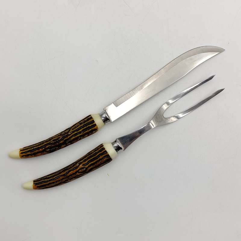 Vintage Steel meat carving for and knife with imitation horn handles