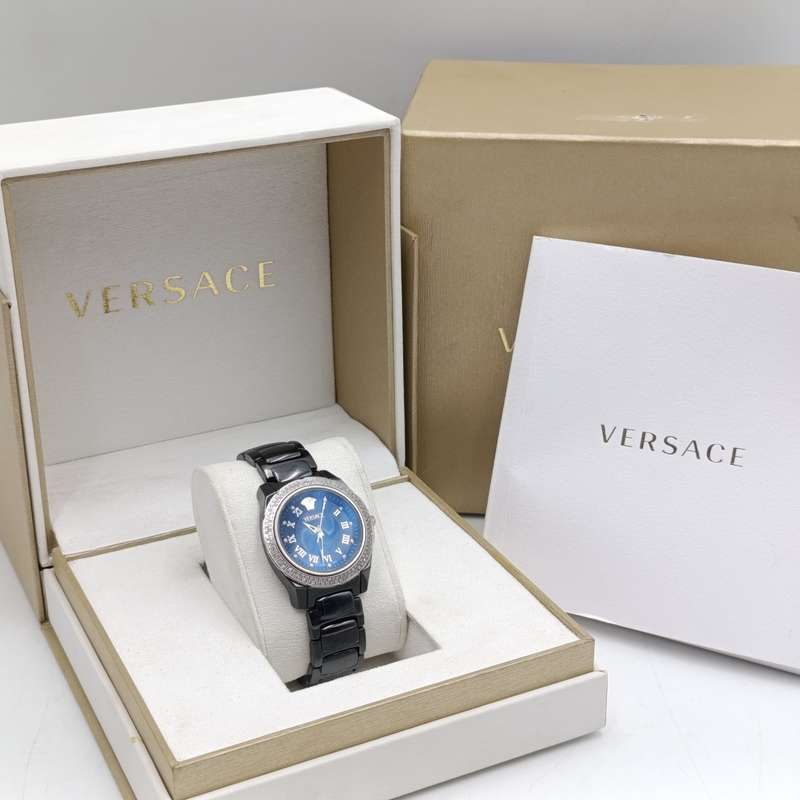 Original Versace Black ceramic Quartz watch with diamond bezel - in box with papers