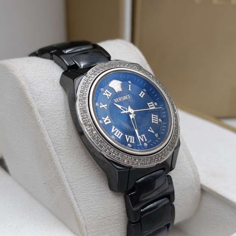 Original Versace Black ceramic Quartz watch with diamond bezel - in box with papers