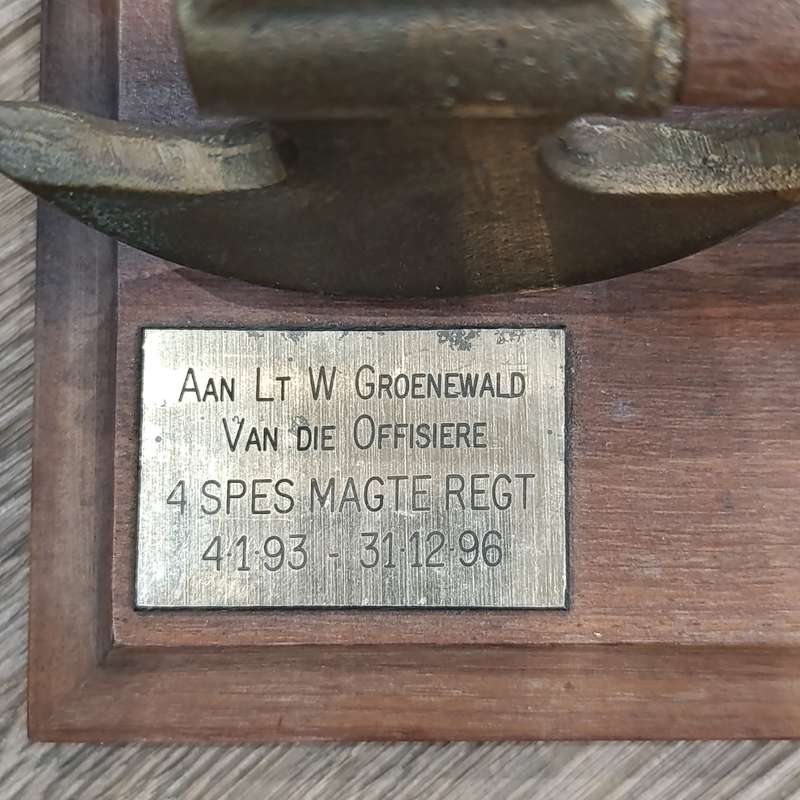 SADF 4 Recce axe trophy #031 issued to LT. W. Groenewald by officers of 4 Recce regiment
