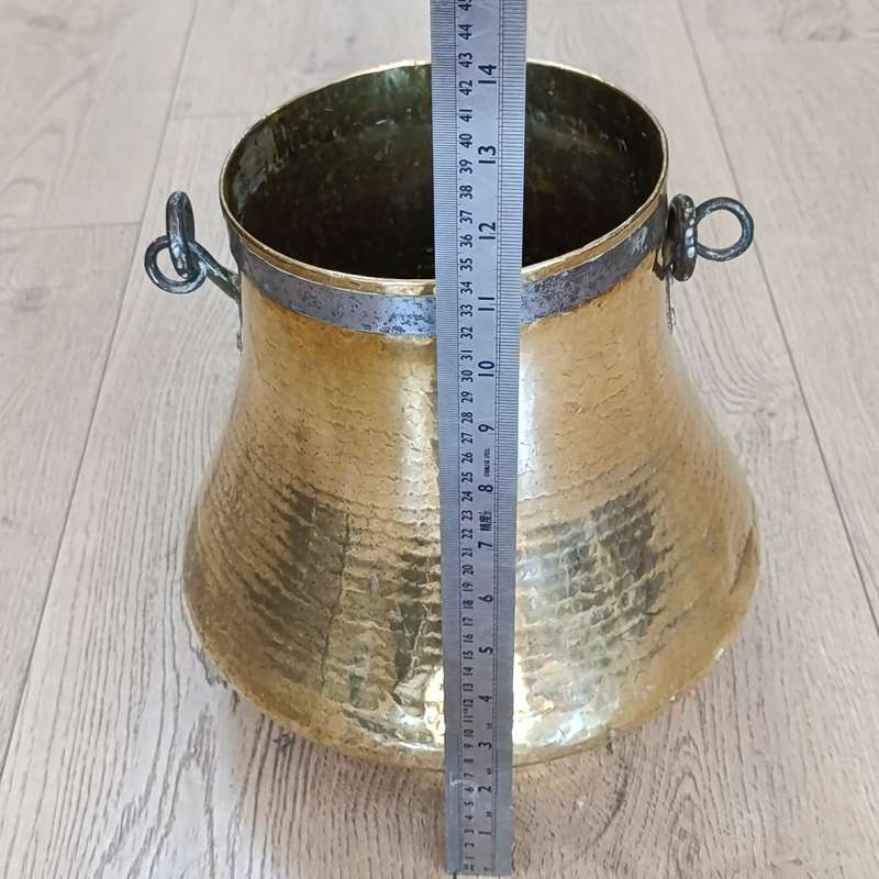 Antique hammered brass cauldron / pot with cast iron handle