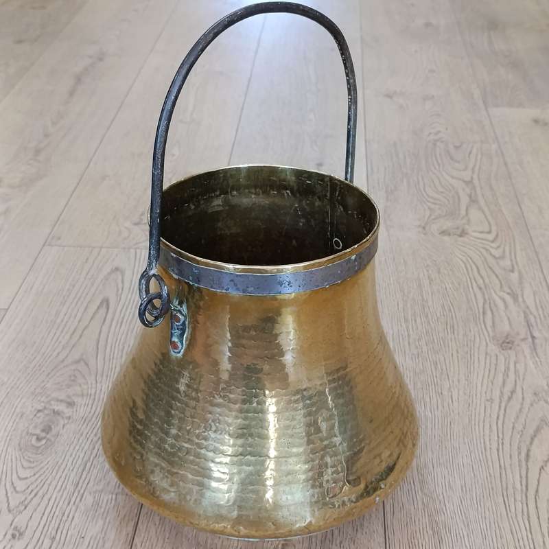 Antique hammered brass cauldron / pot with cast iron handle