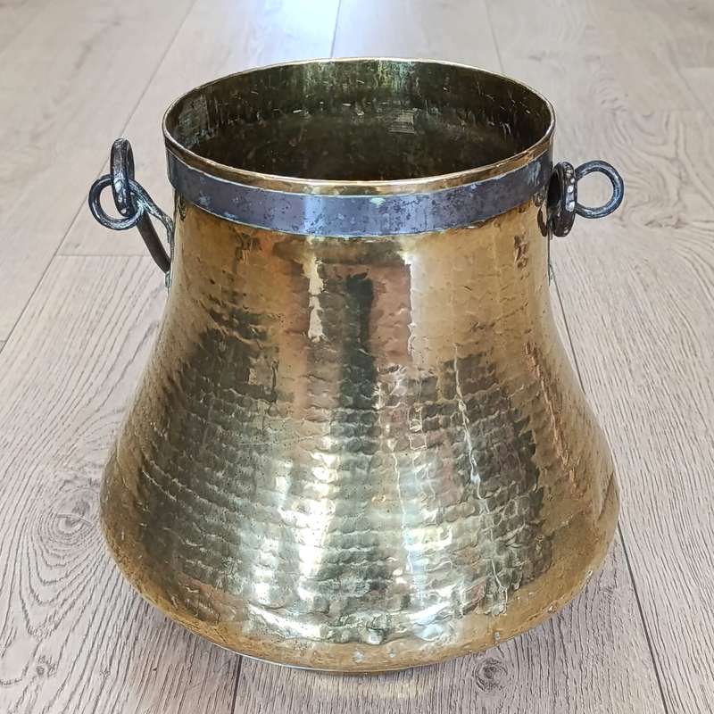 Antique hammered brass cauldron / pot with cast iron handle