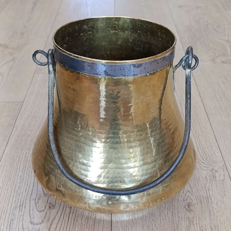 Antique hammered brass cauldron / pot with cast iron handle