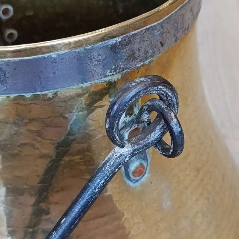 Antique hammered brass cauldron / pot with cast iron handle