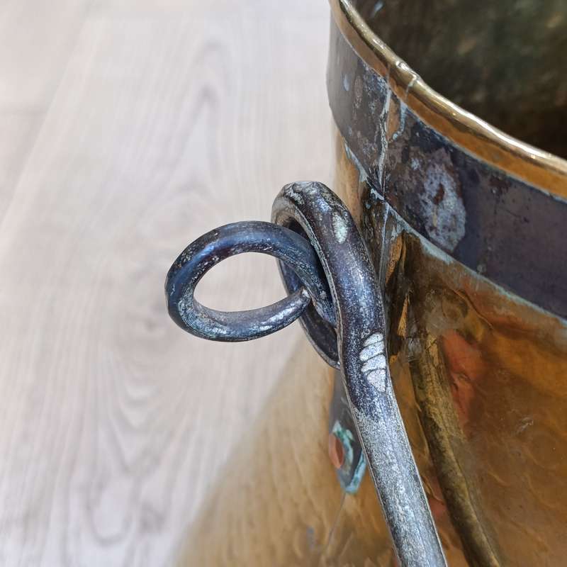 Antique hammered brass cauldron / pot with cast iron handle
