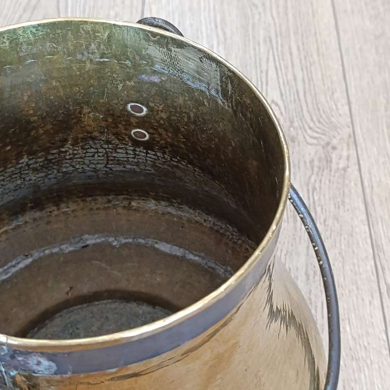 Antique hammered brass cauldron / pot with cast iron handle