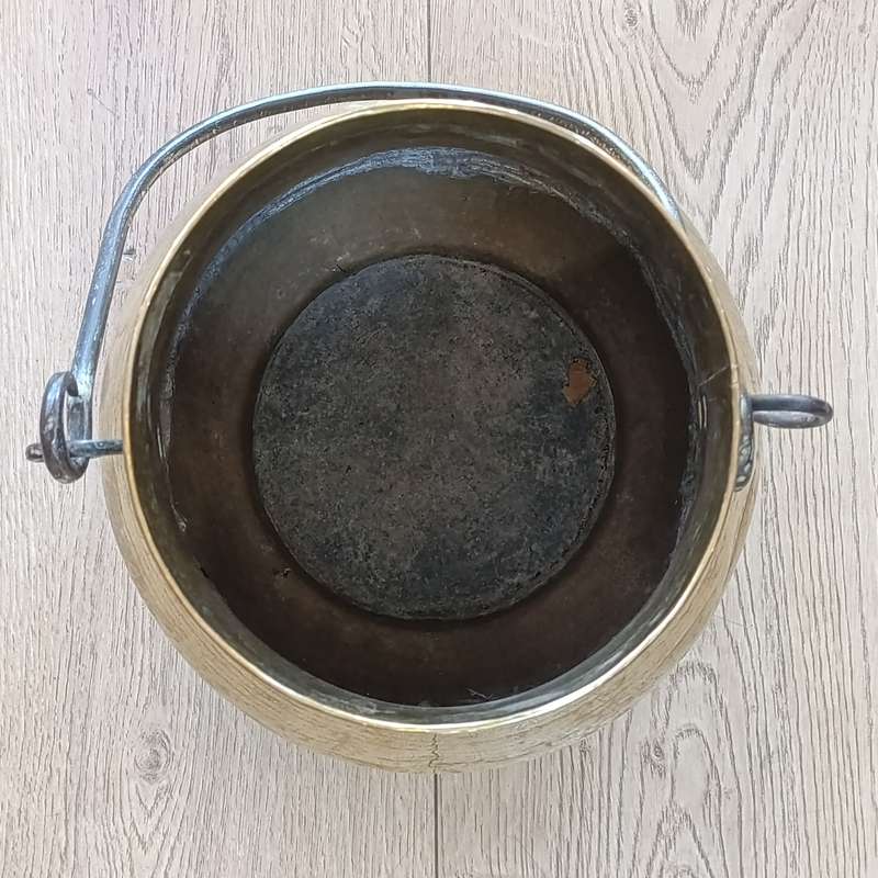 Antique hammered brass cauldron / pot with cast iron handle