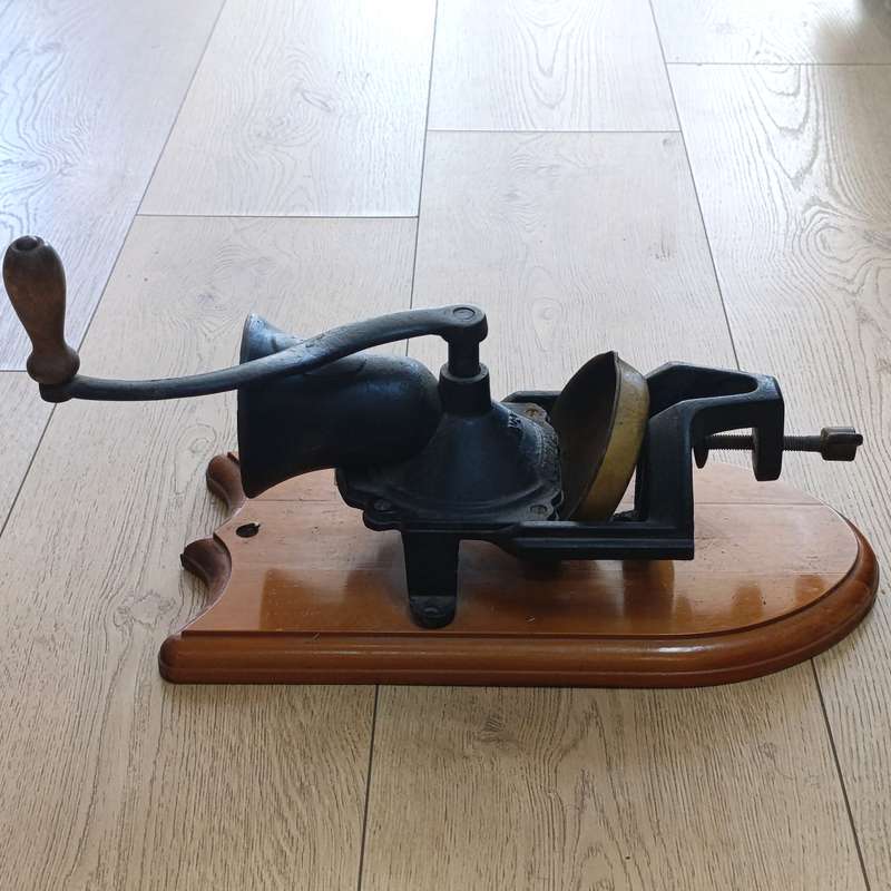 Antique Beatrice No.3 coffee grinder with tin bowl - mounted on wall plaque