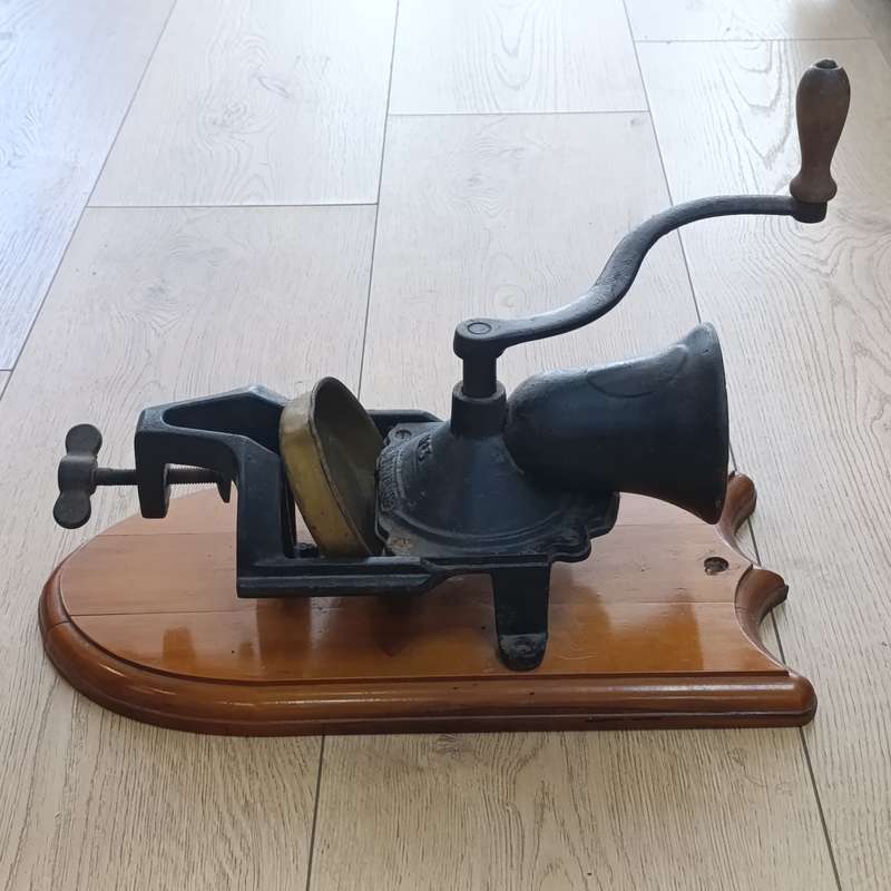 Antique Beatrice No.3 coffee grinder with tin bowl - mounted on wall plaque