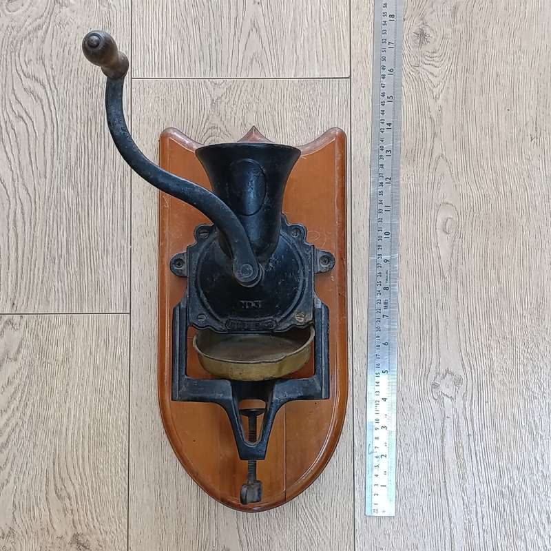 Antique Beatrice No.3 coffee grinder with tin bowl - mounted on wall plaque
