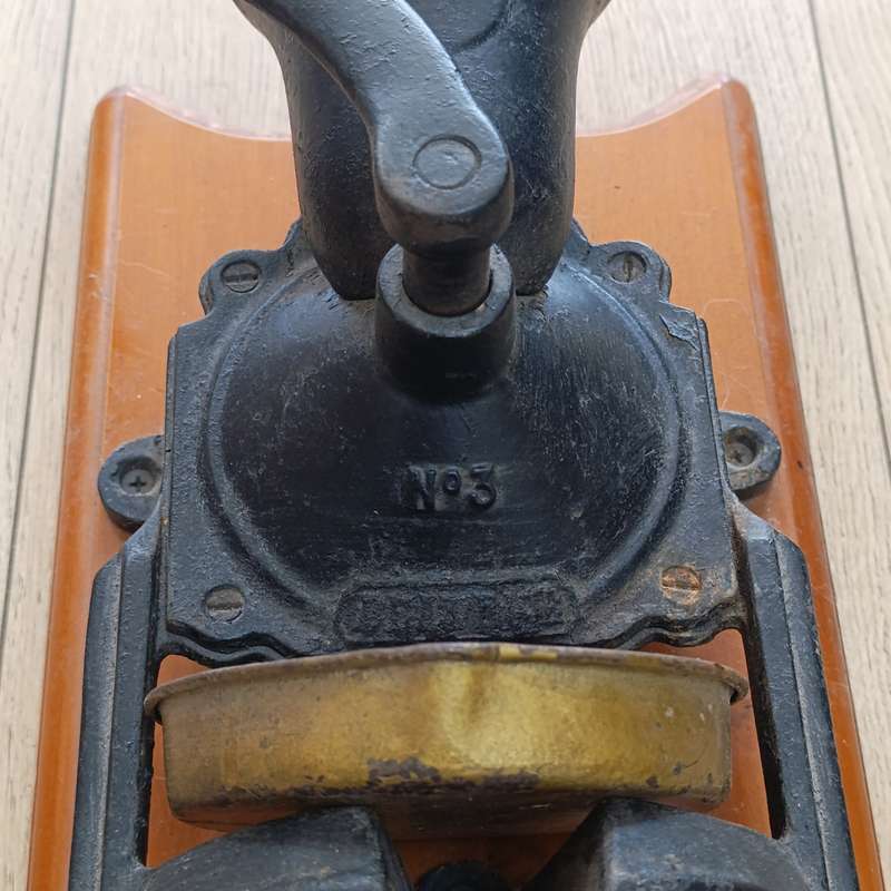 Antique Beatrice No.3 coffee grinder with tin bowl - mounted on wall plaque