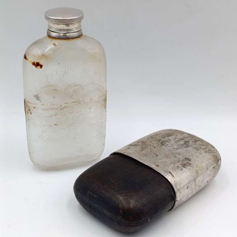 Antique Walker and Hall silverplated glass hipflask with leather cladding