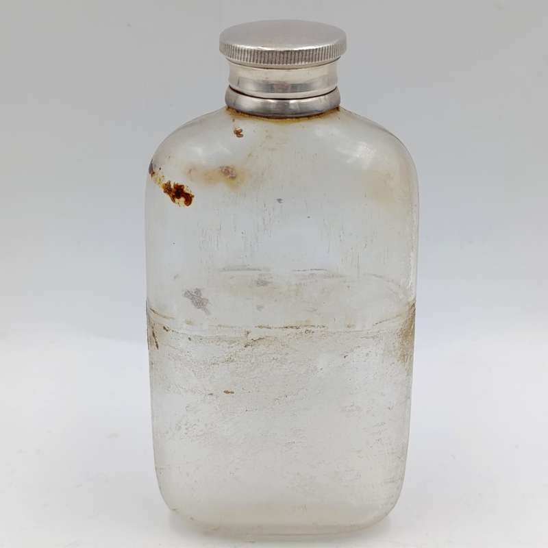 Antique Walker and Hall silverplated glass hipflask with leather cladding