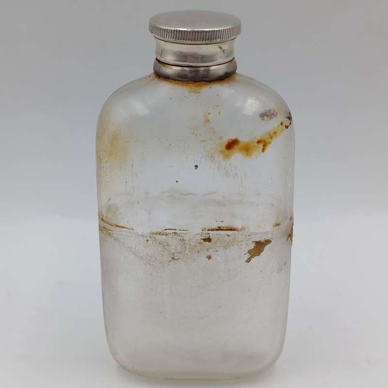 Antique Walker and Hall silverplated glass hipflask with leather cladding