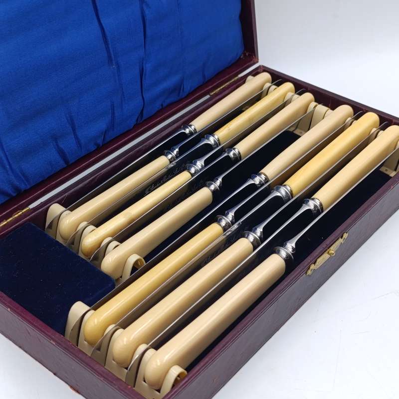 Set of 12 Antique Stainless Sheffield knives with imitation bone handles in original case