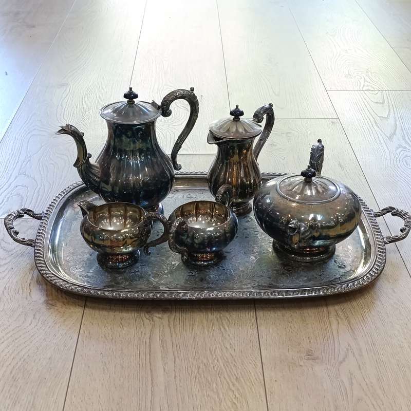 Antique silverplated 6-piece tea and coffee set on tray