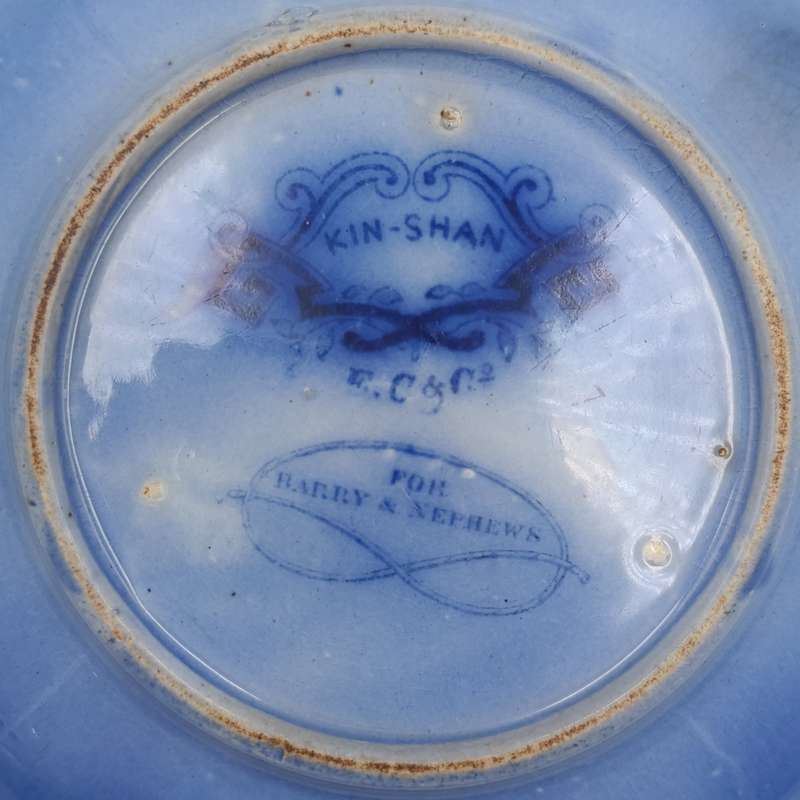 Antique Flow Blue Kin-Shan porcelain saucer by E.C and Co for Barry and Nephews