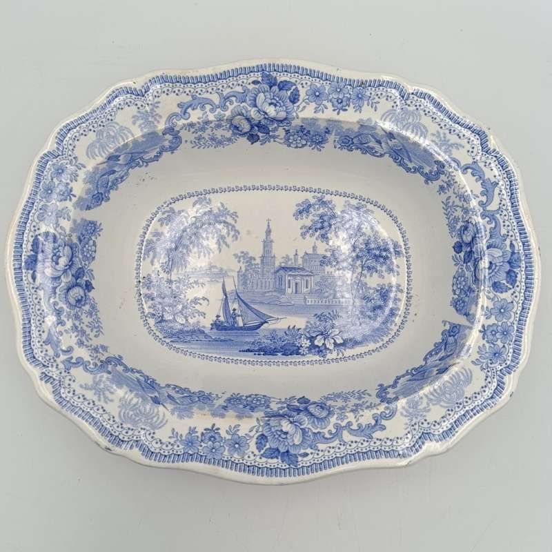 Antique Davenport blue and white porcelain serving oval bowl