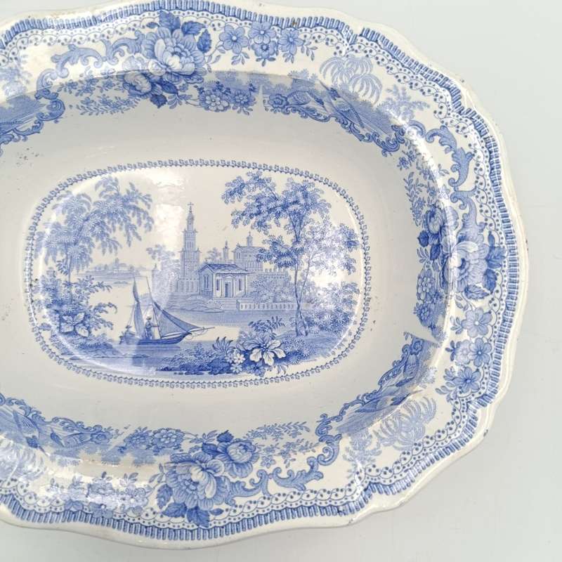 Antique Davenport blue and white porcelain serving oval bowl