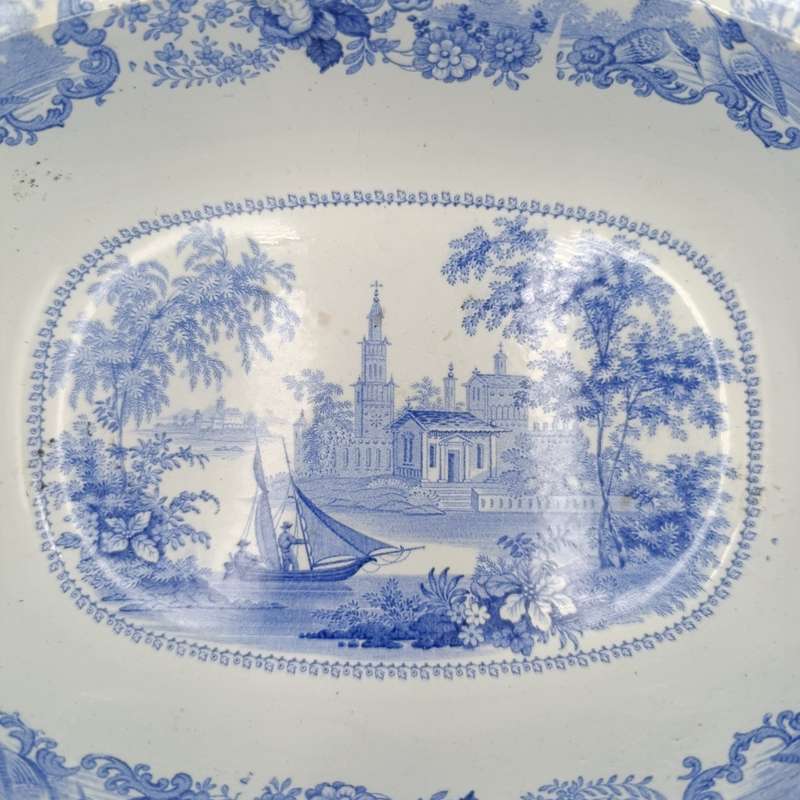 Antique Davenport blue and white porcelain serving oval bowl