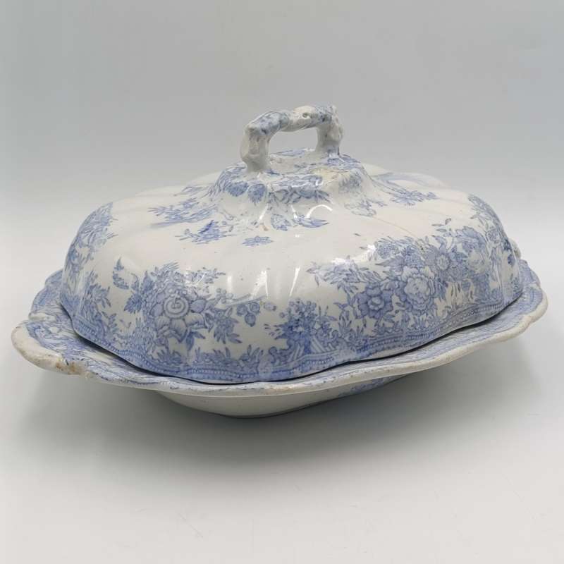 Antique blue and white porcelain serving dish with lid - crack on lid