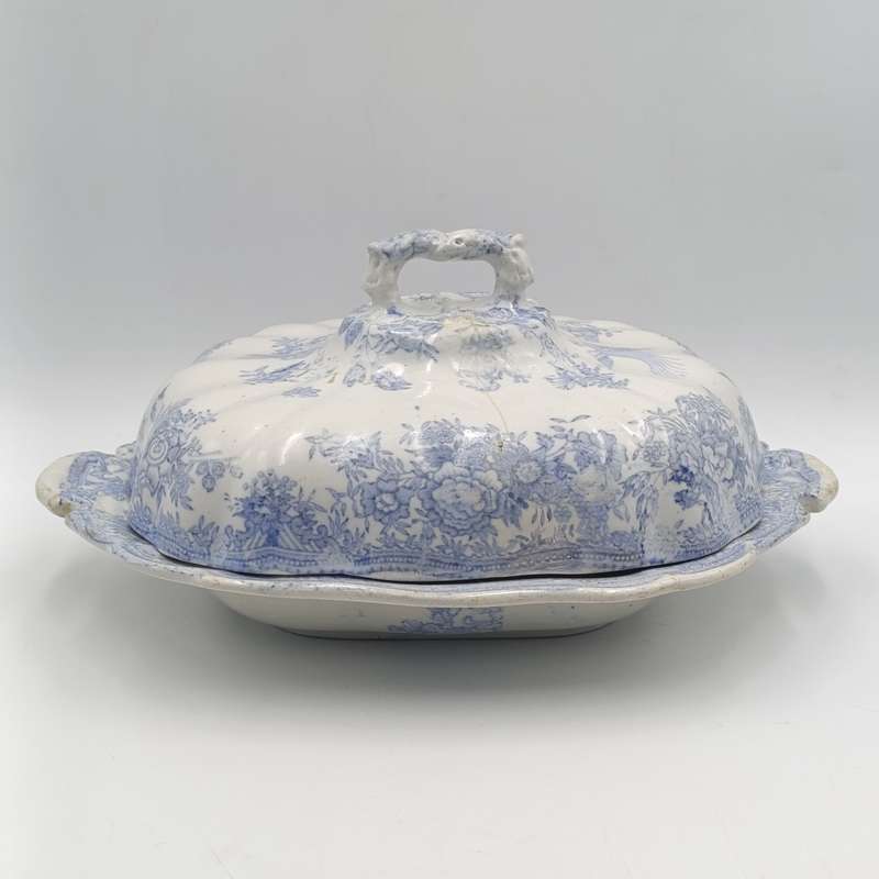 Antique blue and white porcelain serving dish with lid - crack on lid