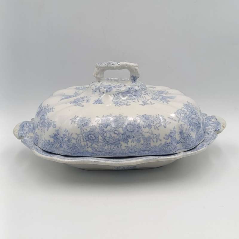 Antique blue and white porcelain serving dish with lid - crack on lid
