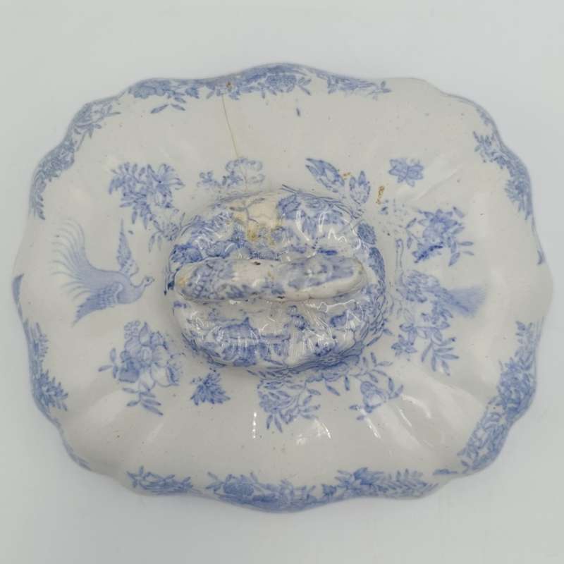Antique blue and white porcelain serving dish with lid - crack on lid
