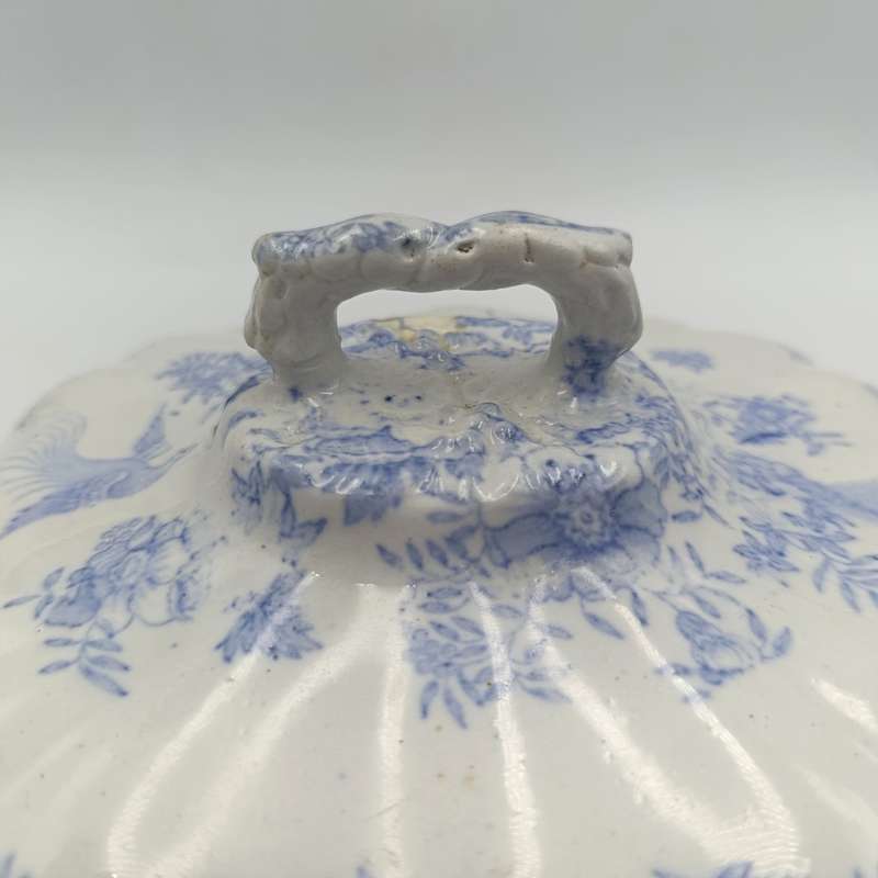 Antique blue and white porcelain serving dish with lid - crack on lid
