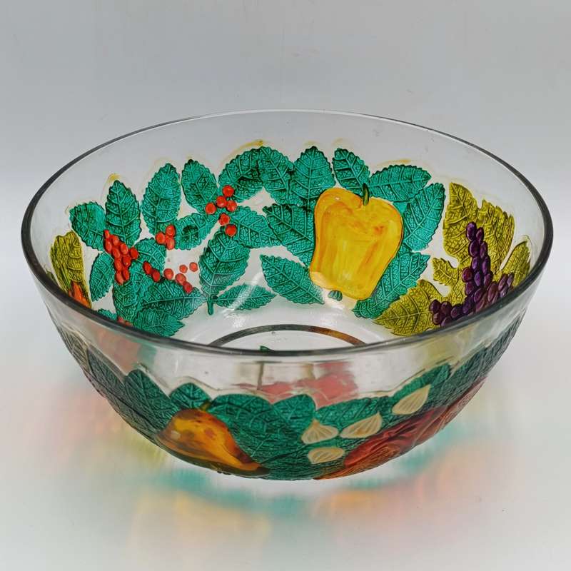 Vintage handpainted glass fruit and vegetables bowl