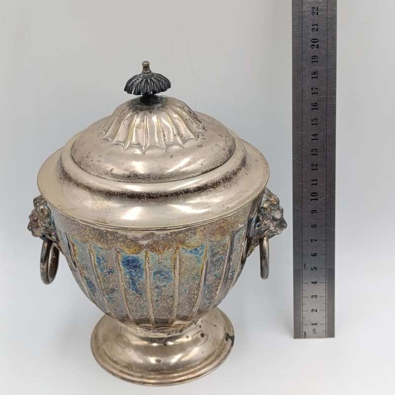 Vintage silverplated jar with lid and lion handles