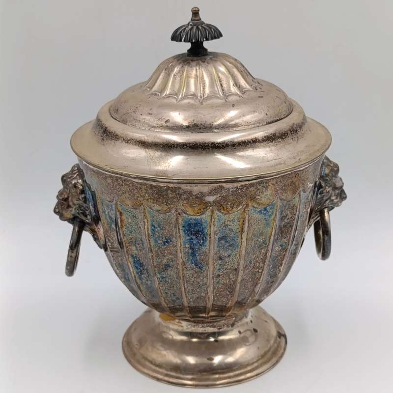 Vintage silverplated jar with lid and lion handles