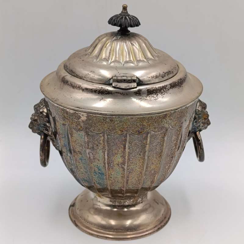 Vintage silverplated jar with lid and lion handles