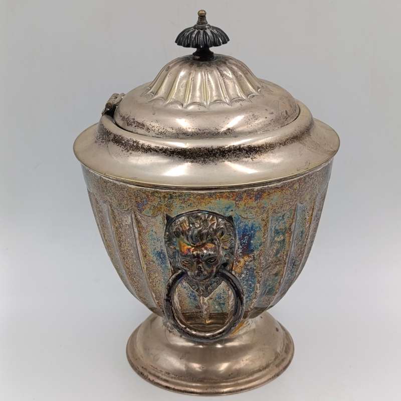 Vintage silverplated jar with lid and lion handles