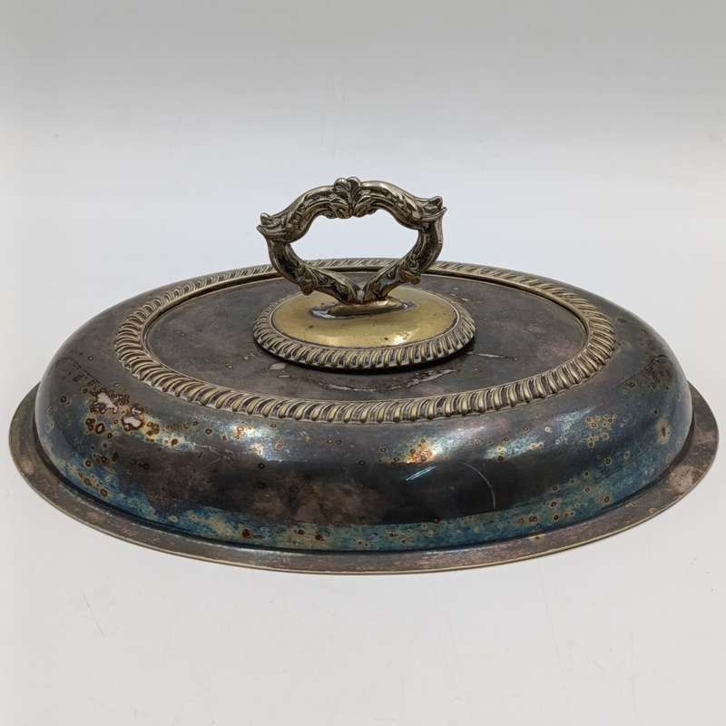 Antique silverplated oval serving dish with removable handle on lid
