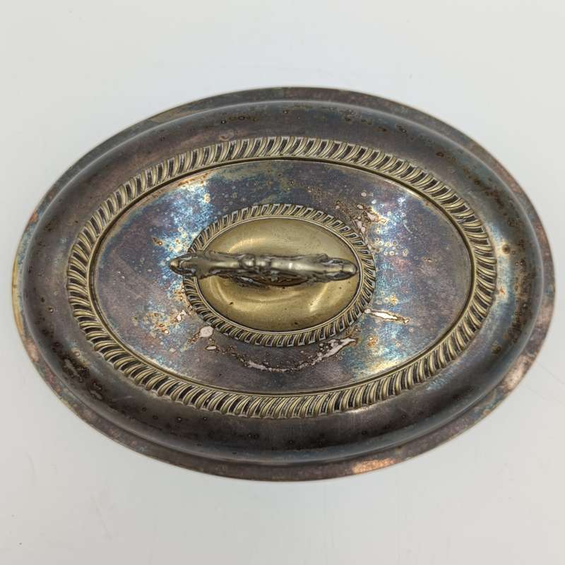 Antique silverplated oval serving dish with removable handle on lid