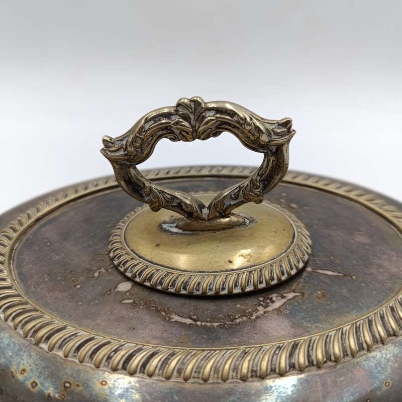 Antique silverplated oval serving dish with removable handle on lid