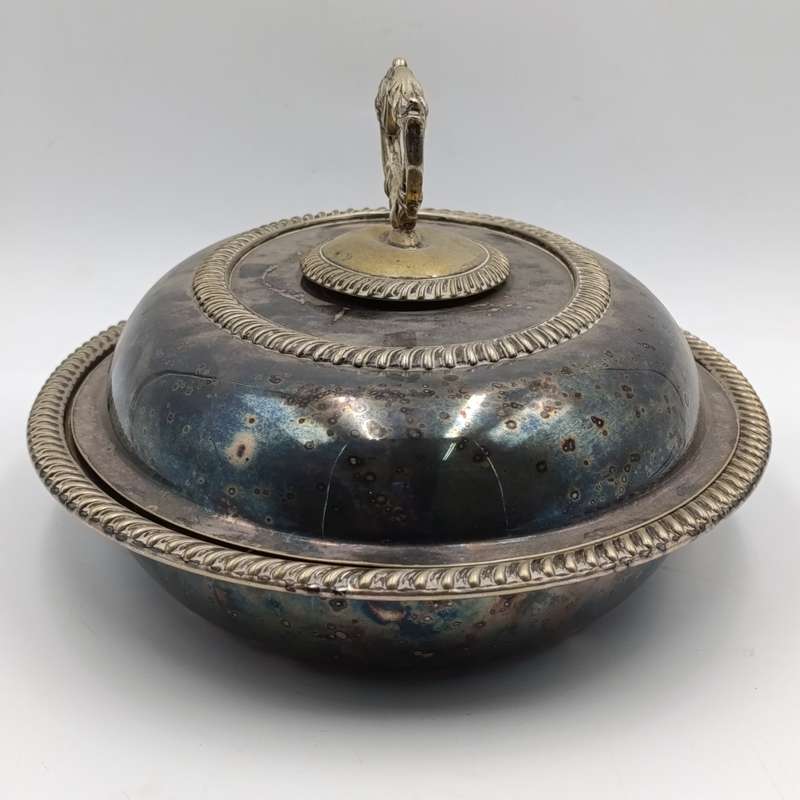 Antique silverplated oval serving dish with removable handle on lid