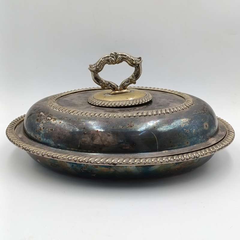 Antique silverplated oval serving dish with removable handle on lid