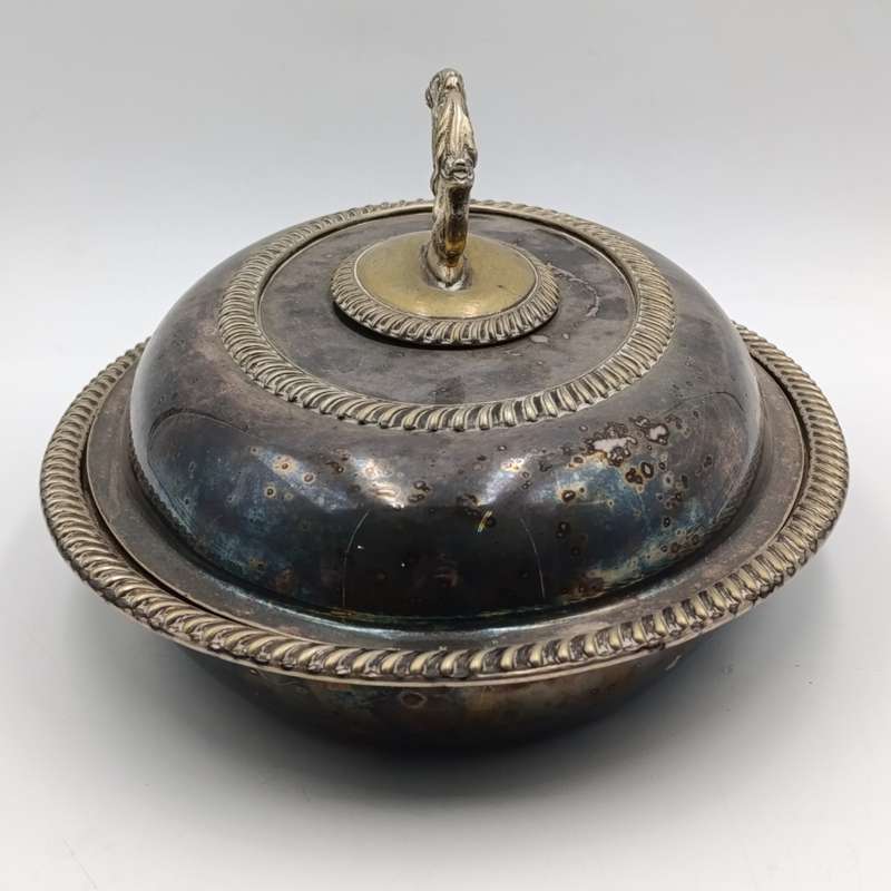 Antique silverplated oval serving dish with removable handle on lid