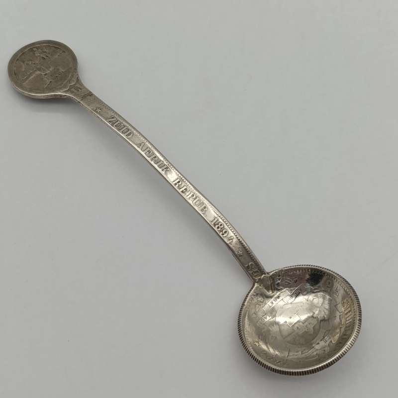 Boer War Pow prisoner of war trench art silver coin spoon by D. vd Berg P.O.W Paardeberg