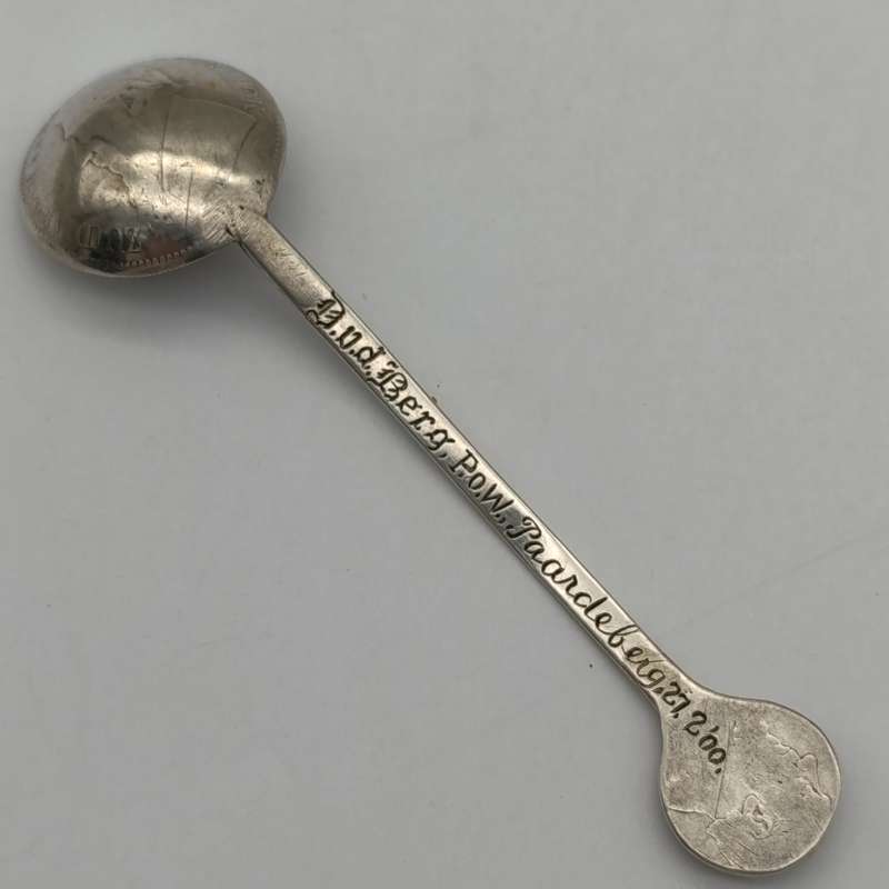 Boer War Pow prisoner of war trench art silver coin spoon by D. vd Berg P.O.W Paardeberg