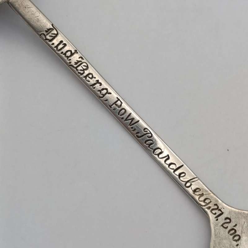 Boer War Pow prisoner of war trench art silver coin spoon by D. vd Berg P.O.W Paardeberg